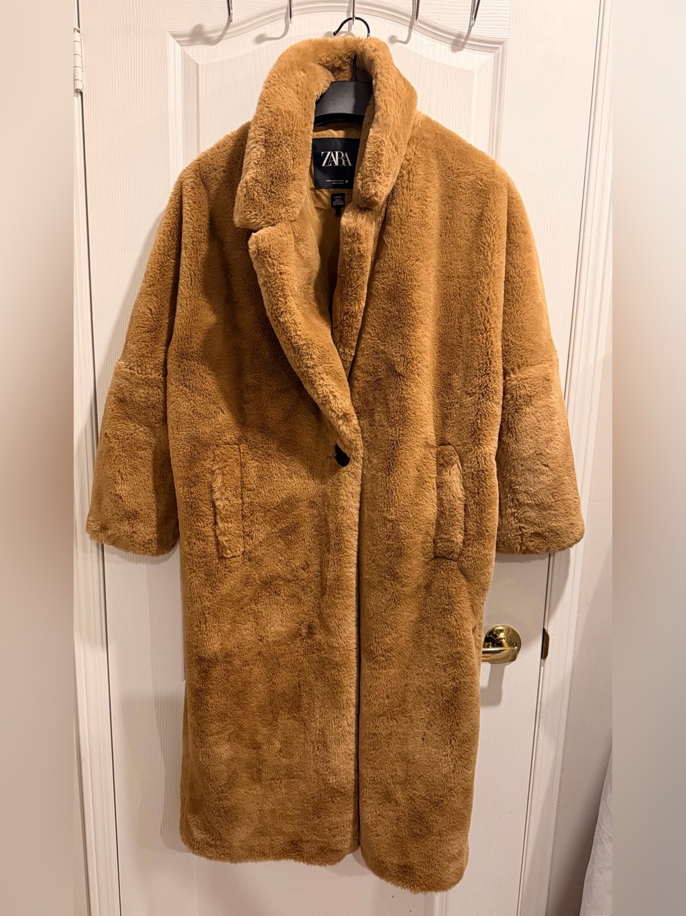 Zara Teddy Faux Fur Long Coat in Camel Brown